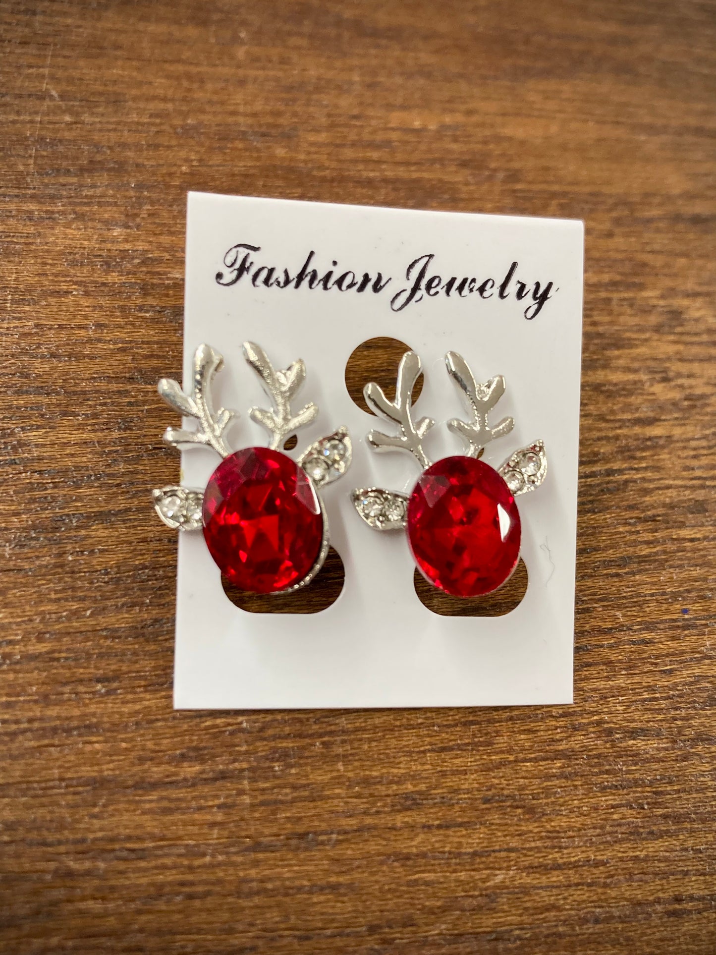 Red Gem Reindeer stud earrings - Silver