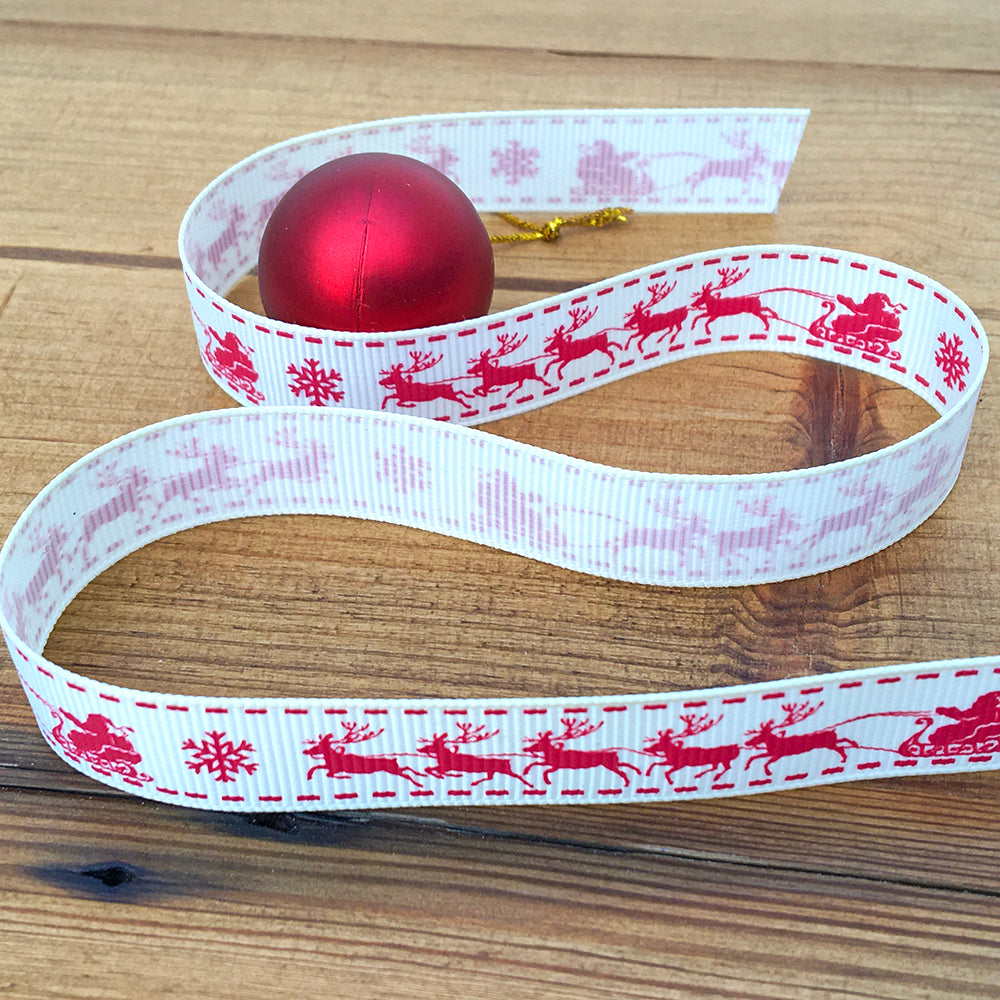 16mm Santa Sleigh ribbon - cream & red