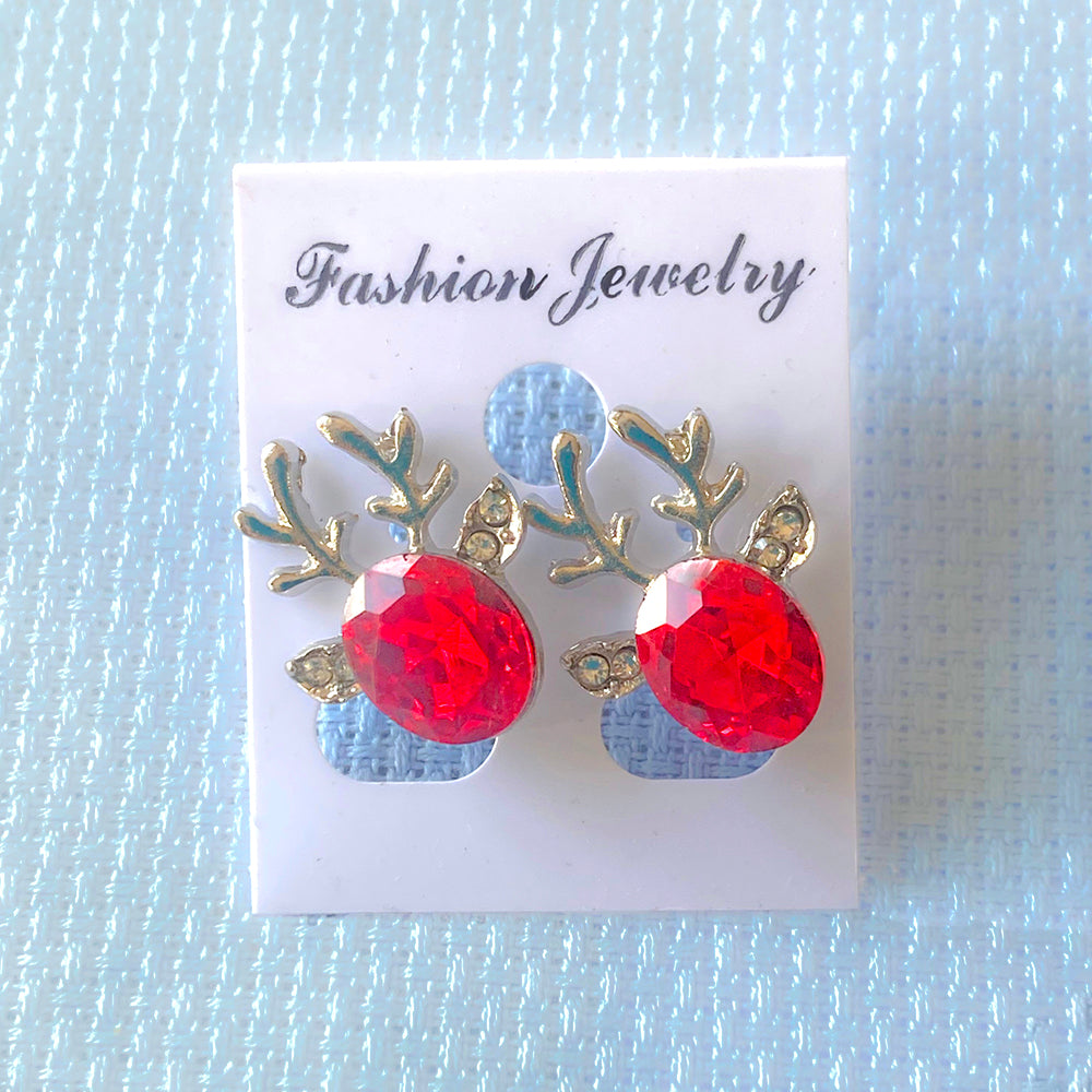 Red Gem Reindeer stud earrings - Silver