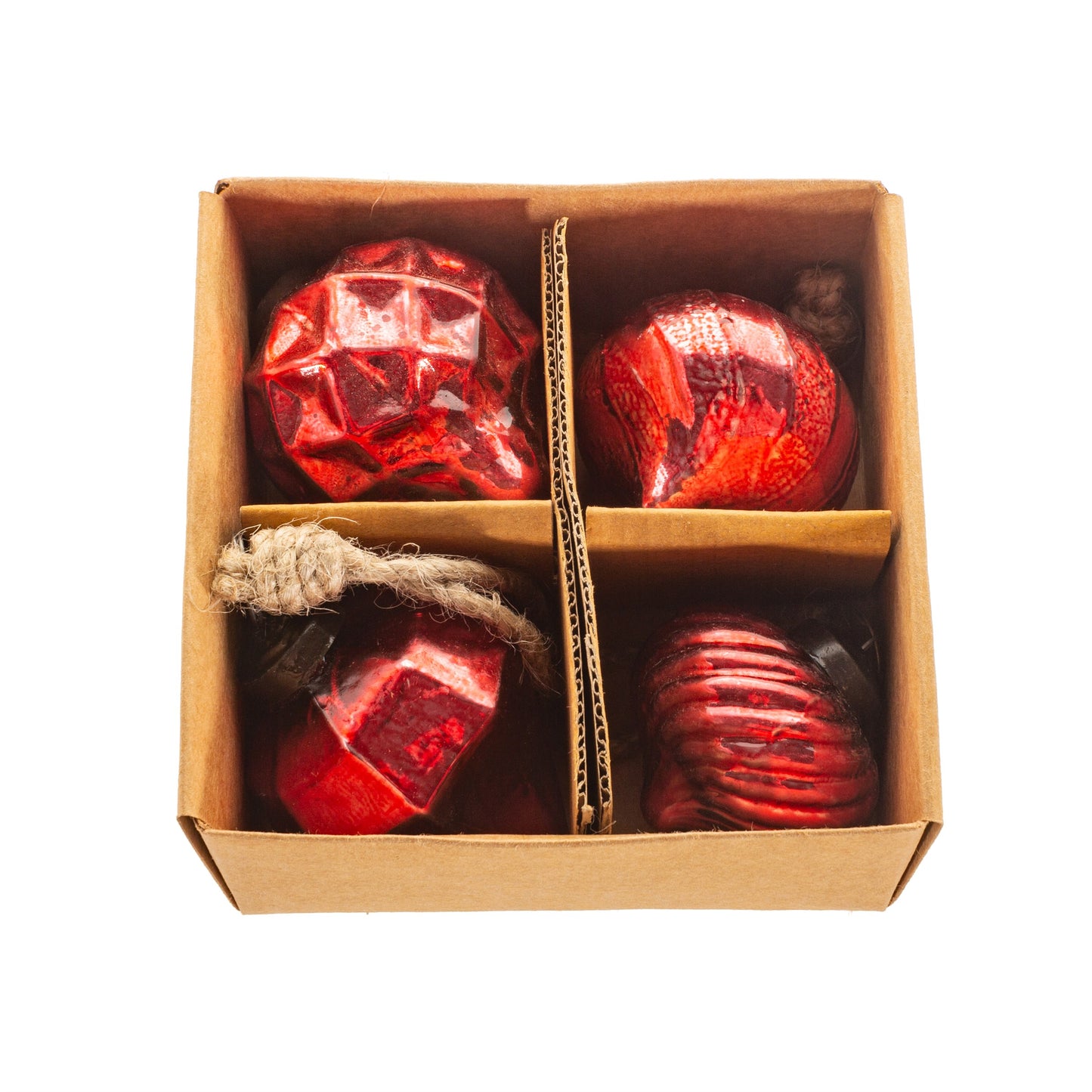 Red Crackle Glass Assorted Shaped Baubles - Set Of 4