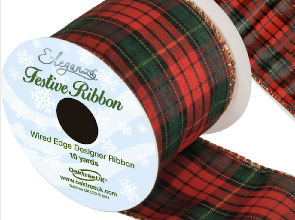 Tartan Christmas wired edge ribbon 63mm