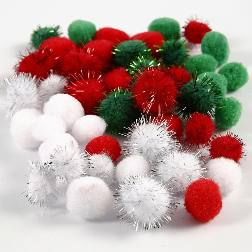 Green, Red, White sparkly 15-20mm pom poms - Pack of 48