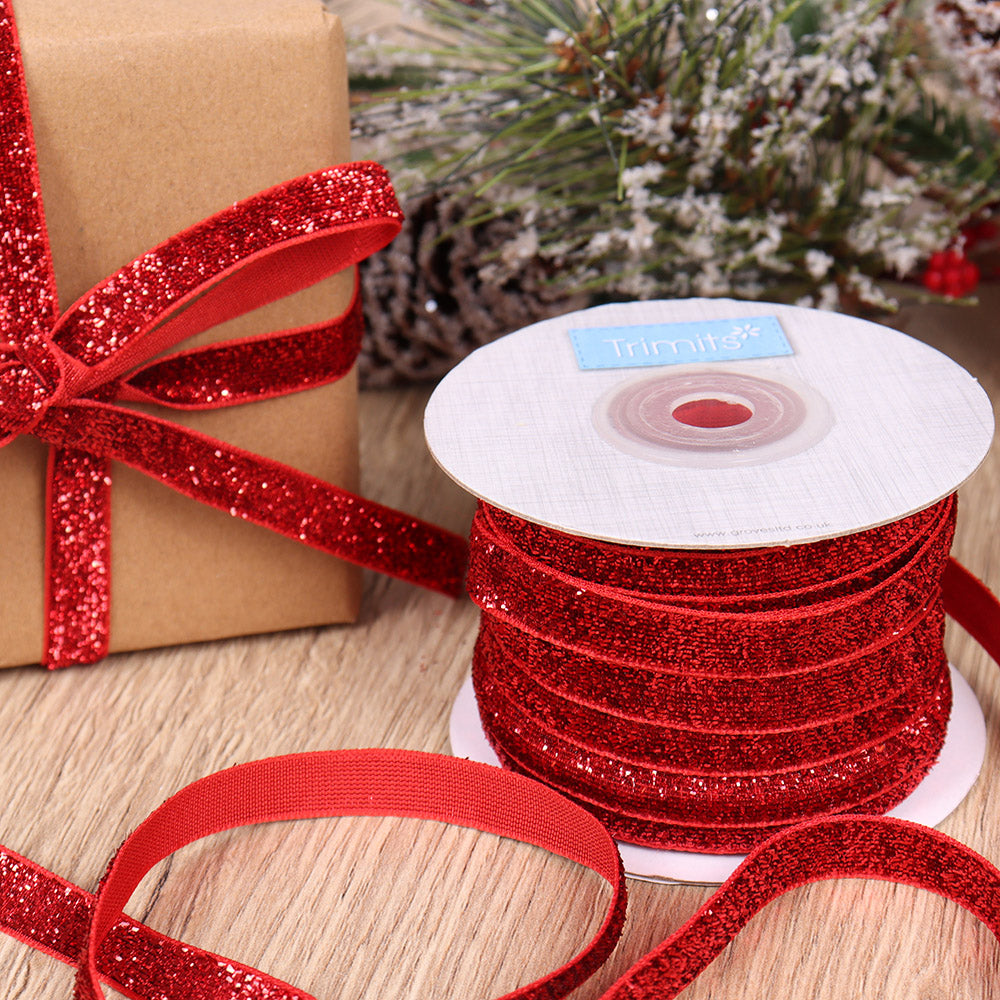 10mm Red Glitter Velvet Ribbon