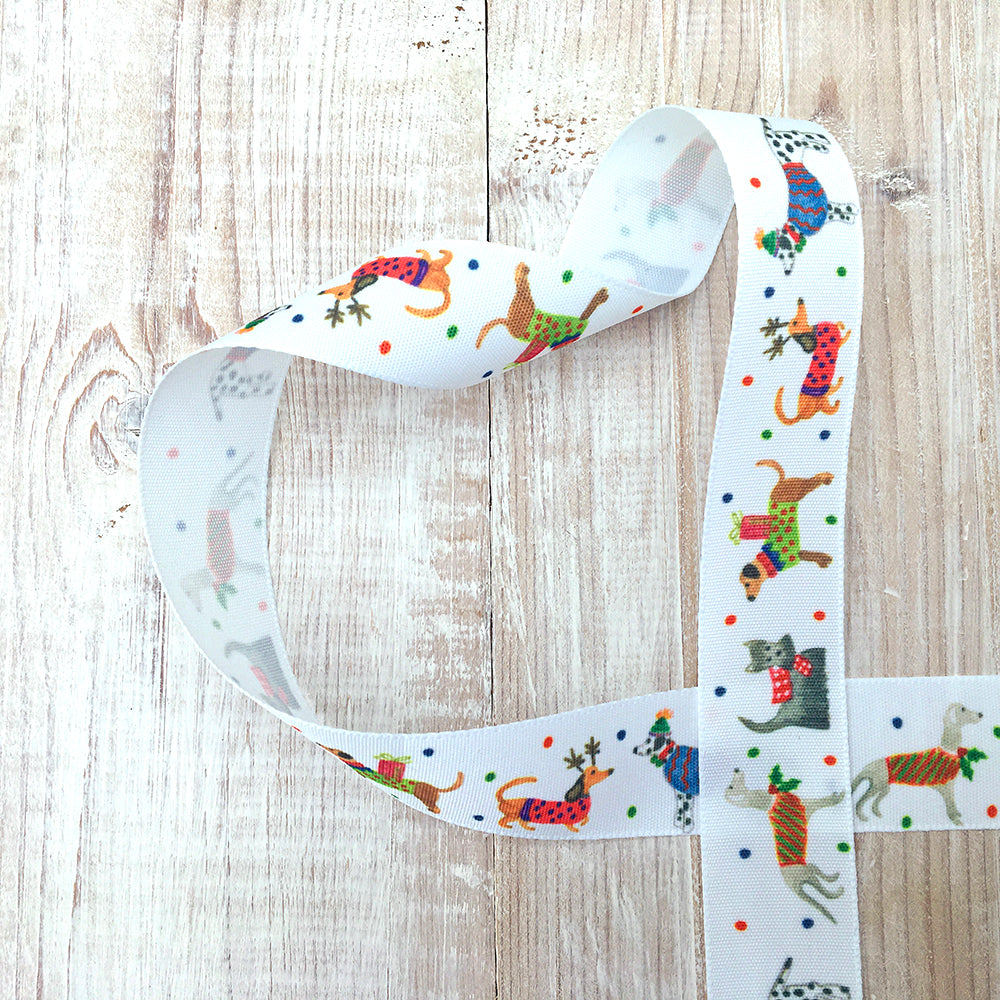 25mm Christmas dog ribbon - white