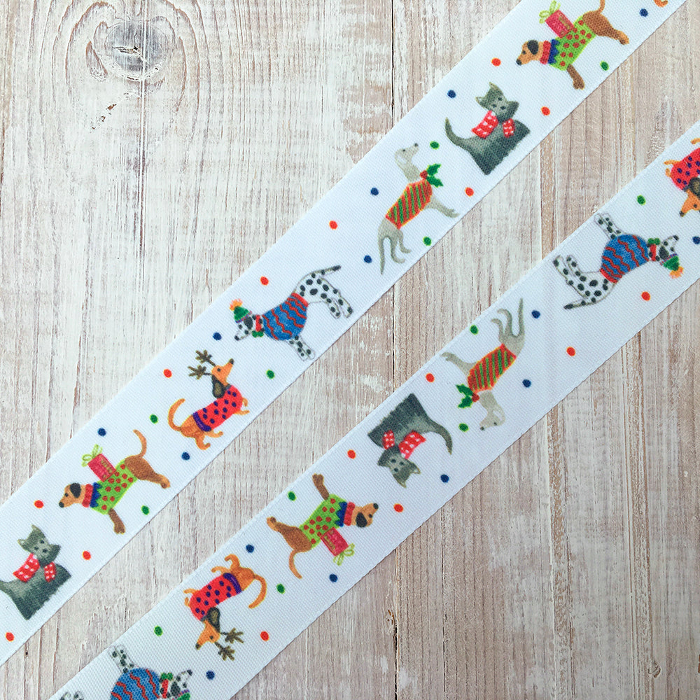 25mm Christmas dog ribbon - white