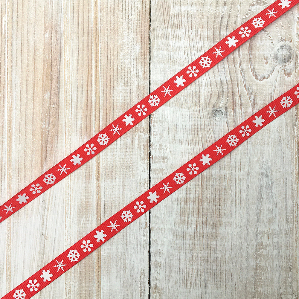 9mm Red & White Snowflake Grosgrain Ribbon