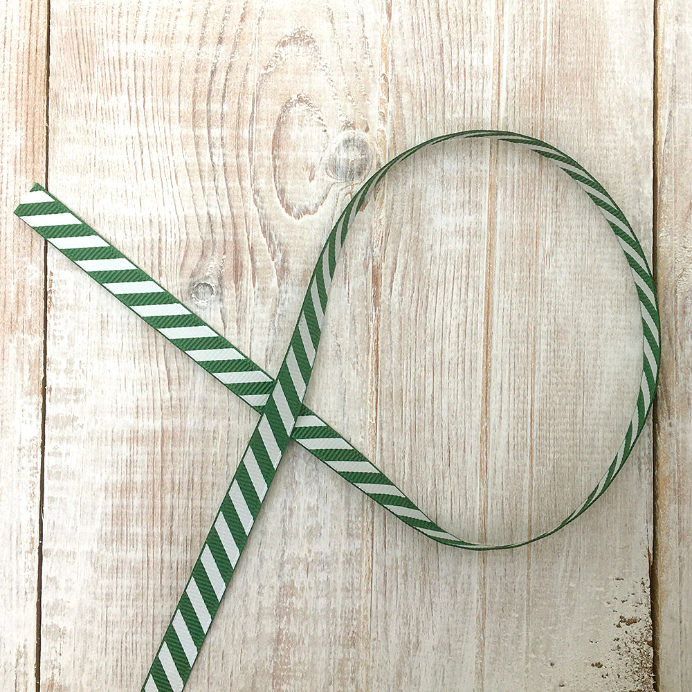 9mm Green & White Stripes Grosgrain Ribbon