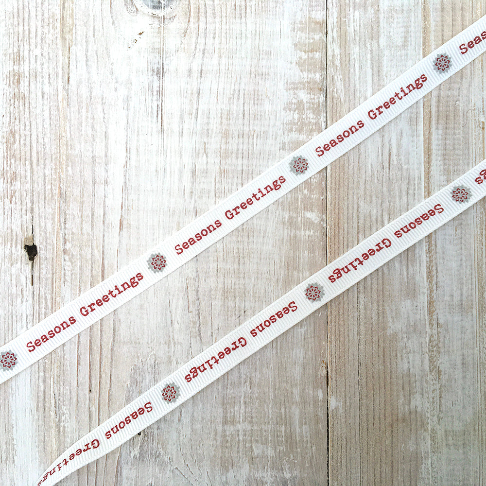 9mm White & Red Seasons Greetings Grosgrain Ribbon