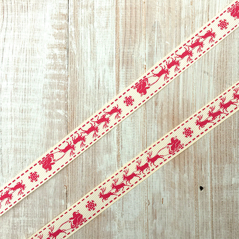 16mm Santa Sleigh ribbon - cream & red