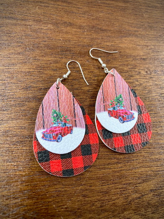 Christmas Red-Plaid Christmas truck dangle earrings