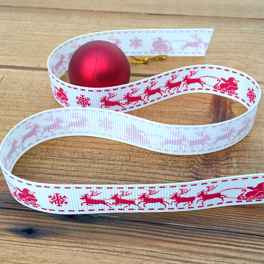 16mm Santa Sleigh ribbon - cream & red