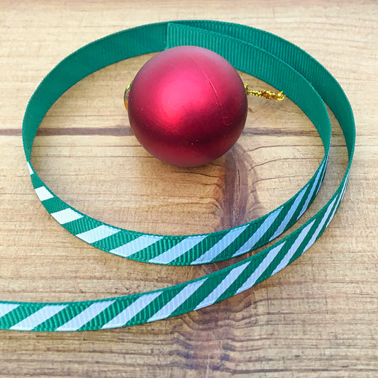 9mm Green & White Stripes Grosgrain Ribbon