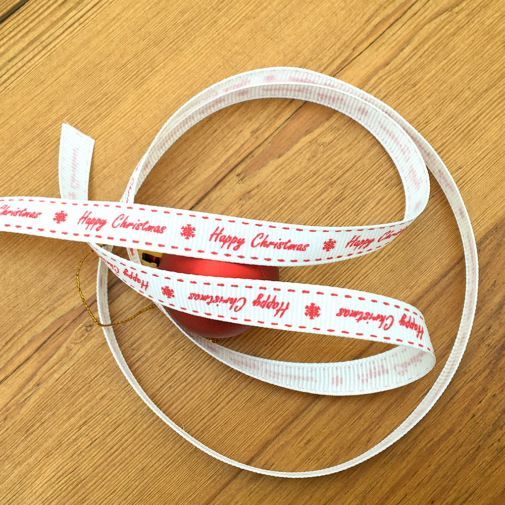 9mm White & Red Happy Christmas Grosgrain Ribbon