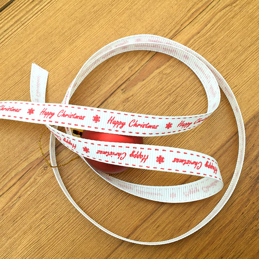 9mm White & Red Happy Christmas Grosgrain Ribbon