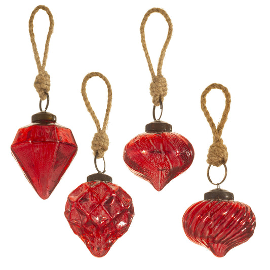 Red Crackle Glass Assorted Shaped Baubles - Set Of 4