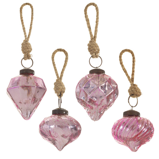 Pink Crackle Glass Assorted Shaped Baubles - Set Of 4