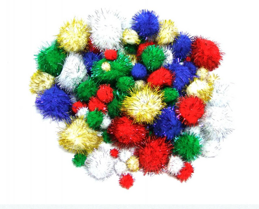 Tinsel Pom Poms, mixed sizes - 100 pack