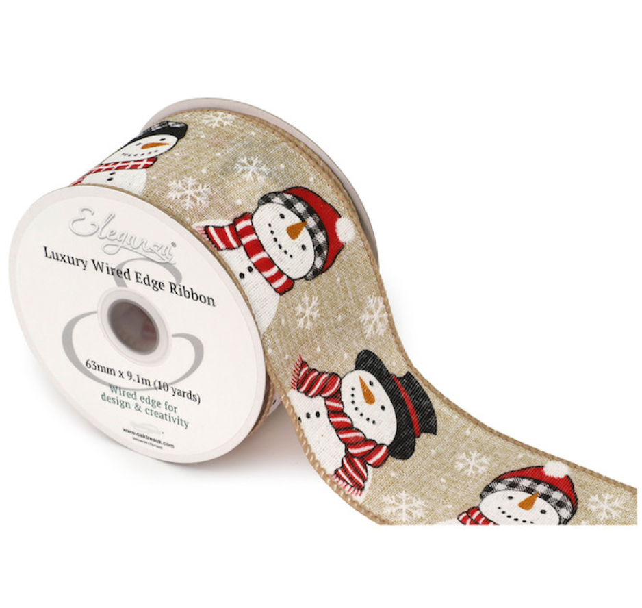 Snowman Christmas wired edge ribbon 63mm