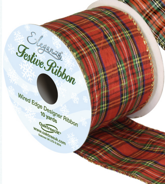 Tartan Christmas wired edge ribbon 63mm