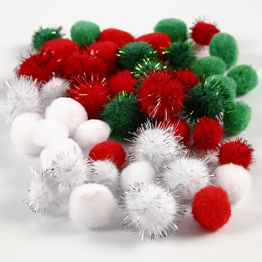 Green, Red, White sparkly 15-20mm pom poms  - Pack of 48