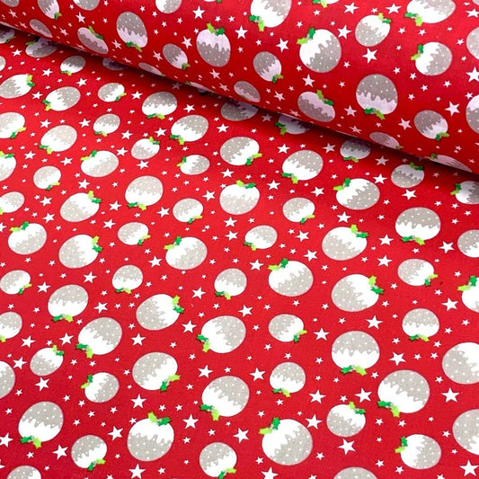 Christmas Pudding & Stars Polycotton Fabric