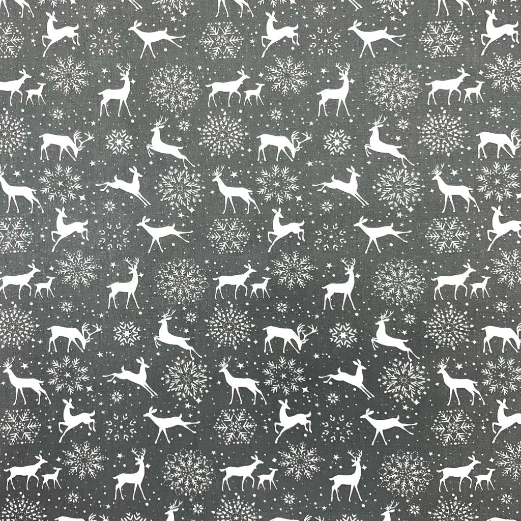 Reindeer Polycotton Fabric - Grey