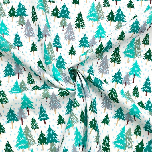 Grey & Green Christmas Trees Polycotton Fabric