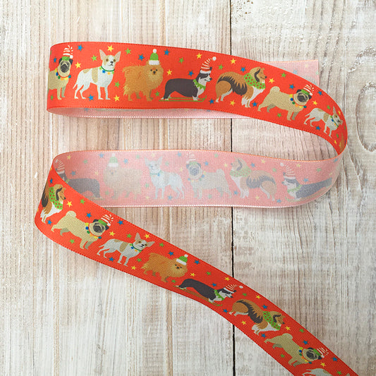 25mm Christmas dog ribbon - red