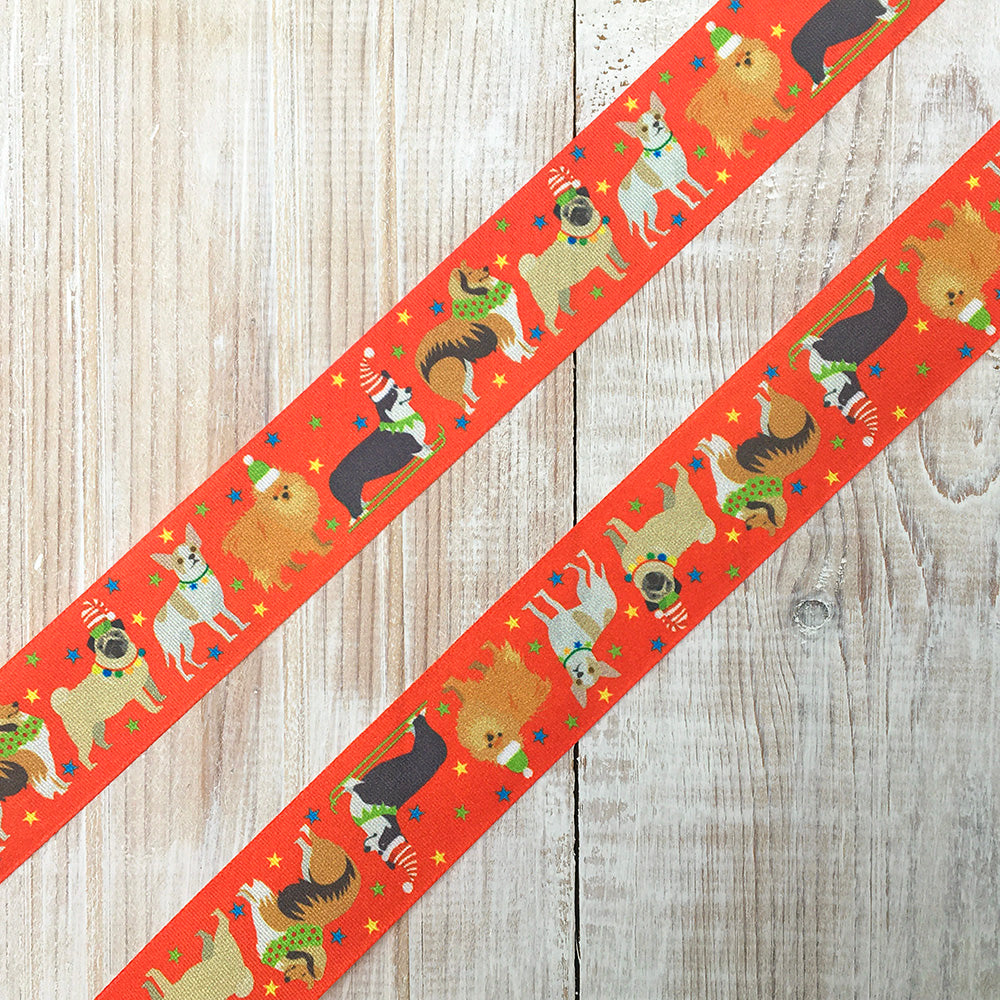 25mm Christmas dog ribbon - red