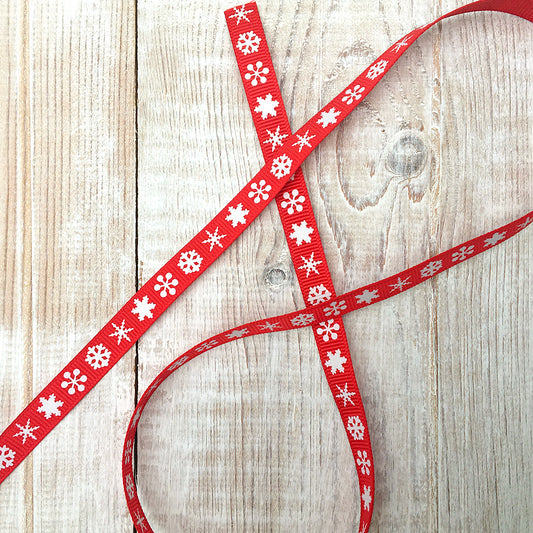 9mm Red & White Snowflake Grosgrain Ribbon