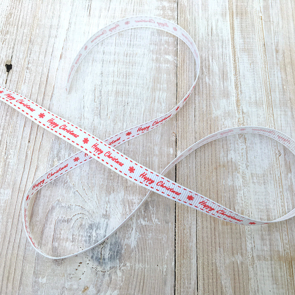 9mm White & Red Happy Christmas Grosgrain Ribbon