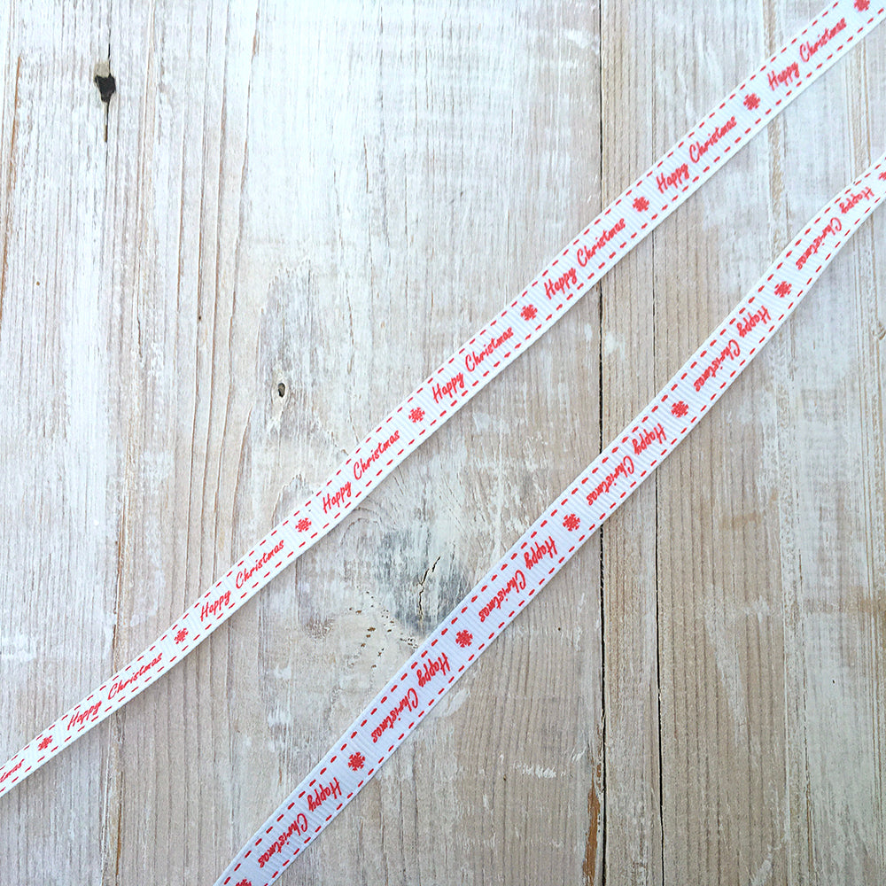 9mm White & Red Happy Christmas Grosgrain Ribbon